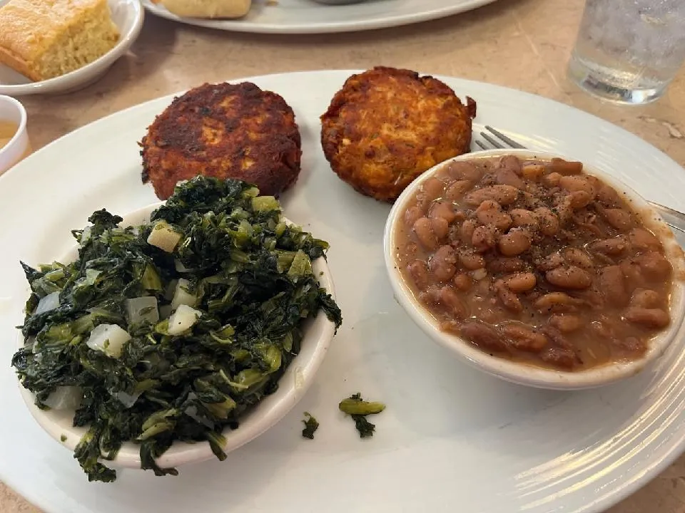 Salmon Cakes Greens and Pinto Beans